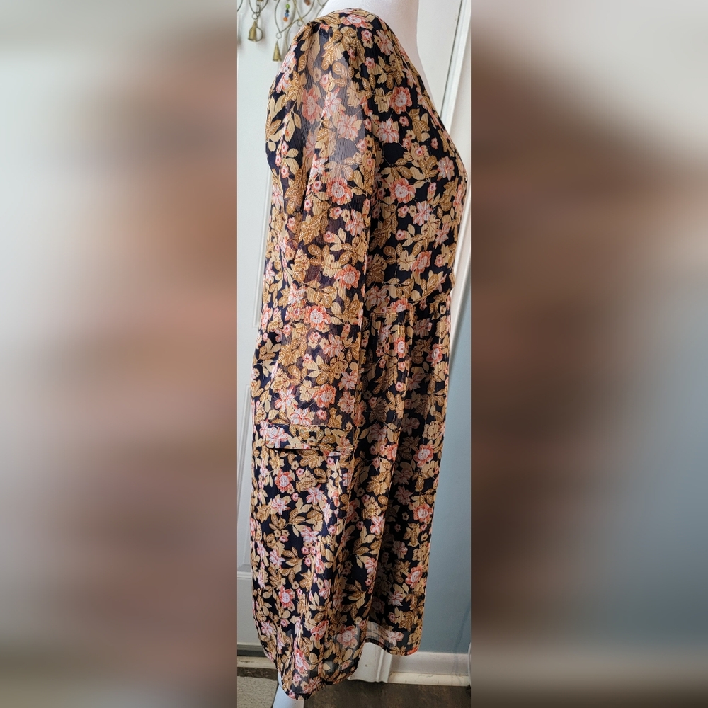 La Petiet Étolie Paris V-Neck Mini Dress Womens S Navy Tan Pink Floral Boho Flow - Picture 4 of 13